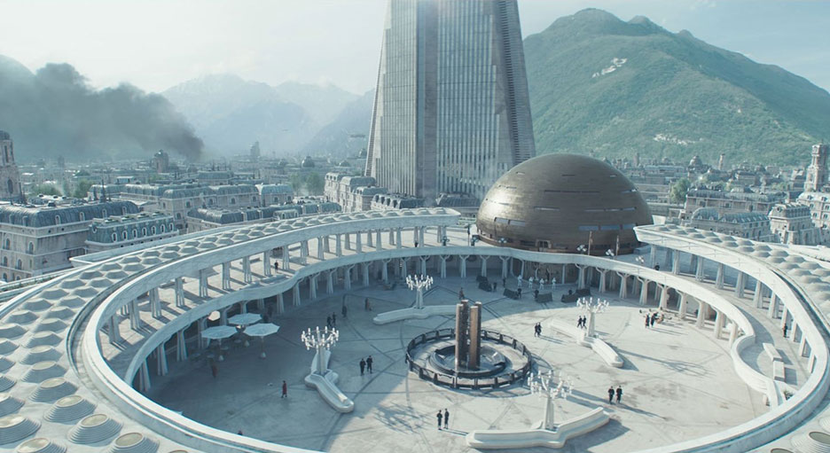 The plaza Palmo City on the planet Ghorman as seen in Andor Season 2.