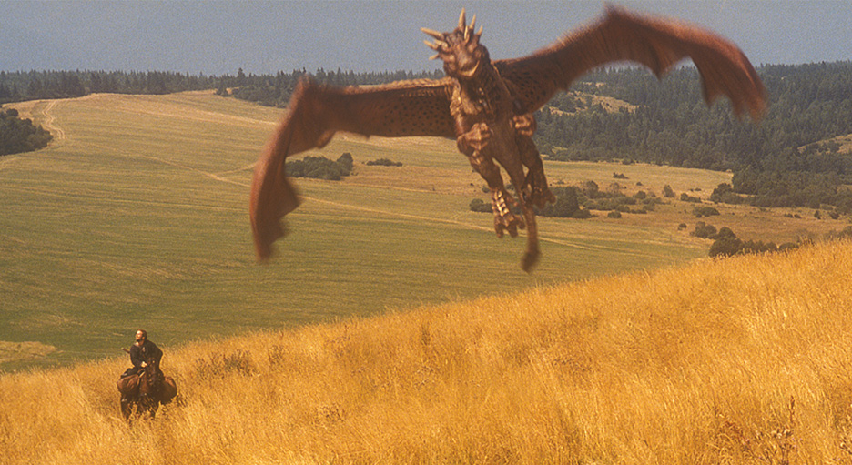 Draco the dragon flies in Dragonheart.