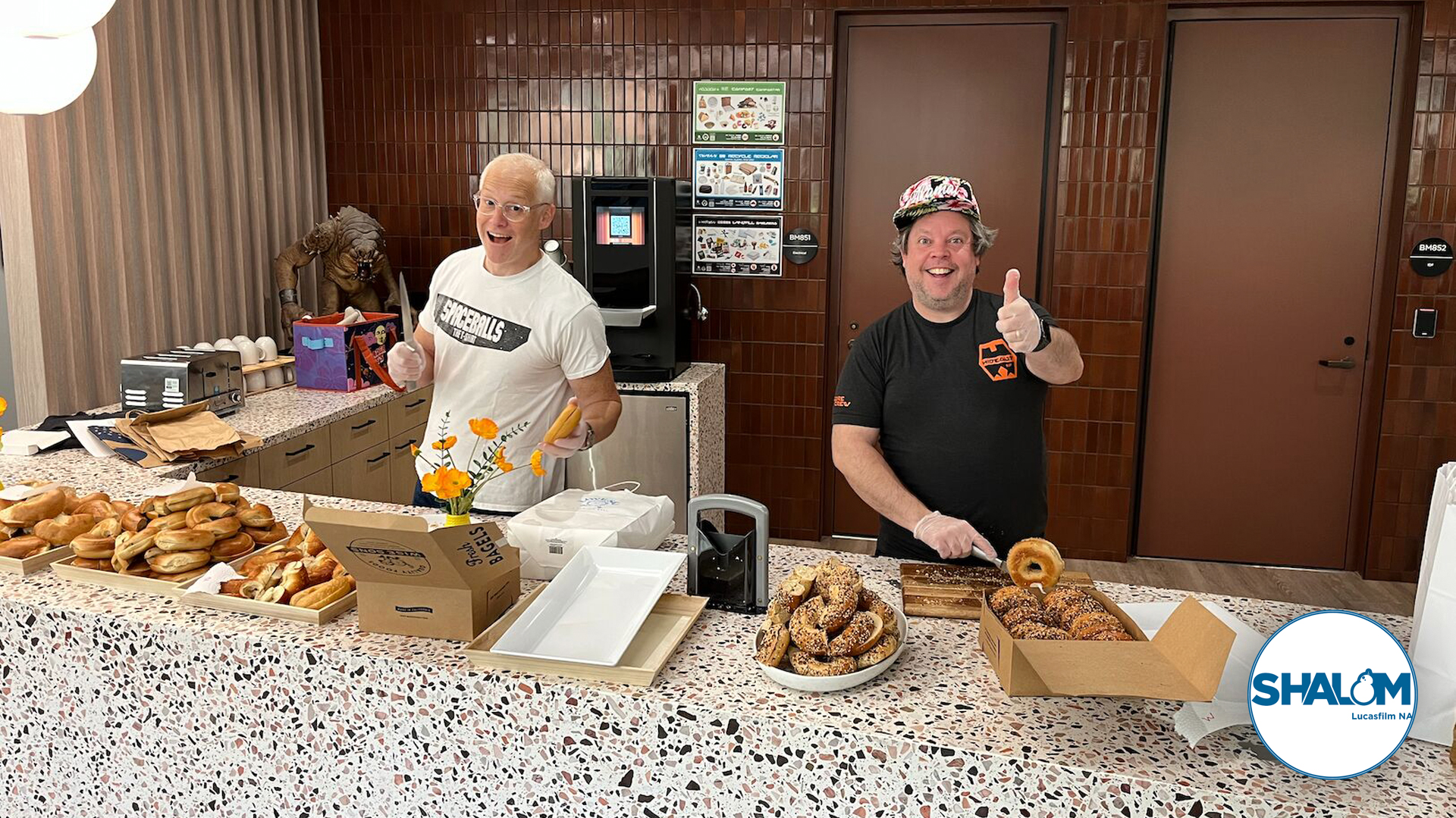 Lucasfilm employees at a Shalom bagel event.