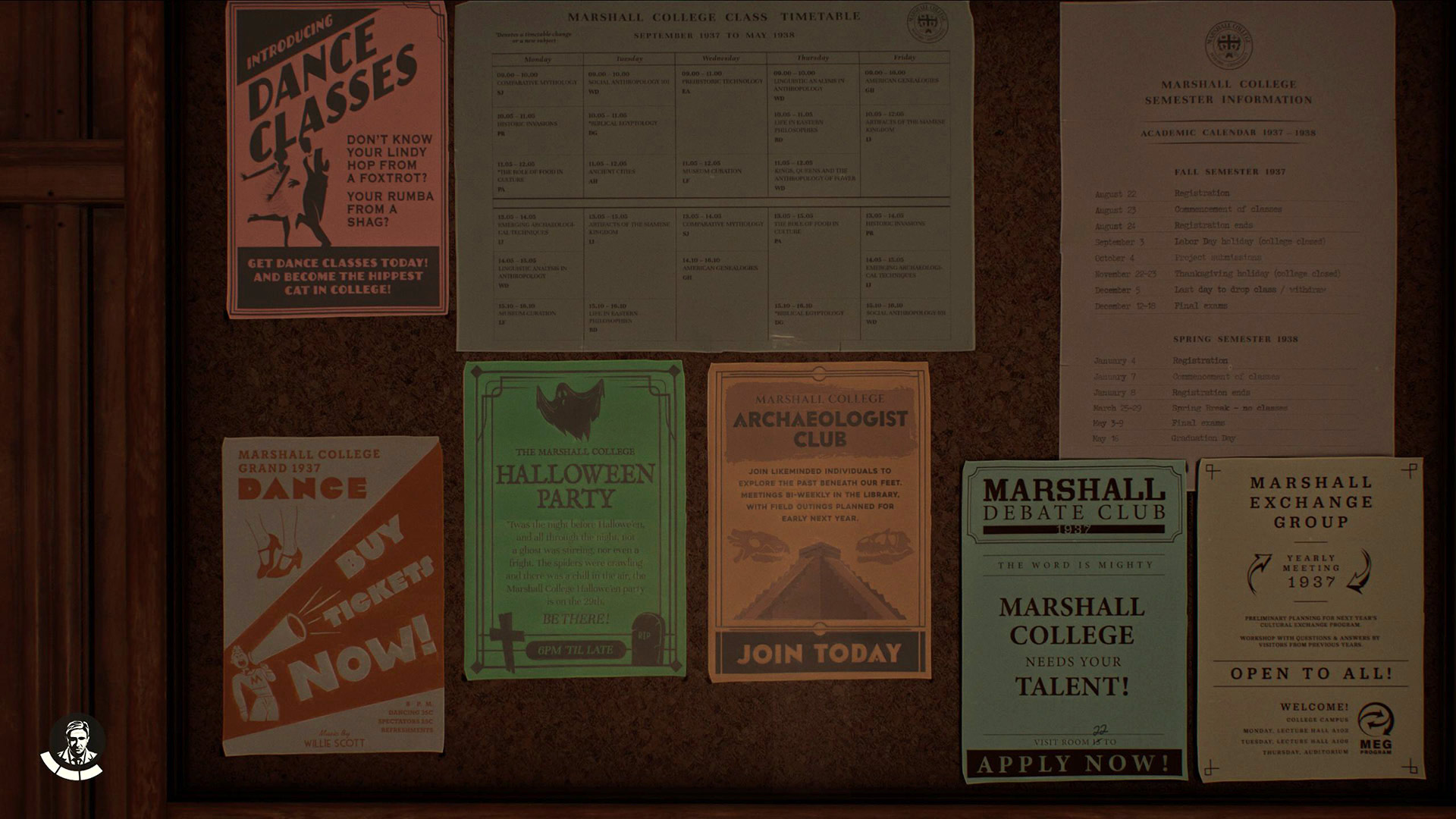 A bulletin board features an ad for the “Grand 1937 Dance” with “Music by Willie Scott.”