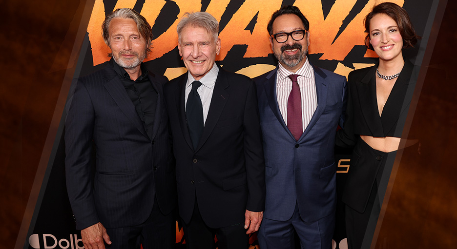(L-R) Mads Mikkelsen, Harrison Ford, James Mangold and Phoebe Waller-Bridge attend the Indiana Jones and the Dial of Destiny U.S. Premiere at the Dolby Theatre in Hollywood, California on June 14, 2023.