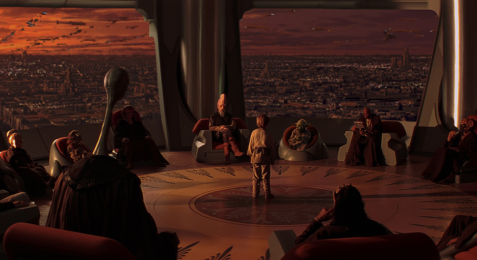 Anakin Skywalker is tested by the Jedi Council in Star Wars: The Phantom Menace.