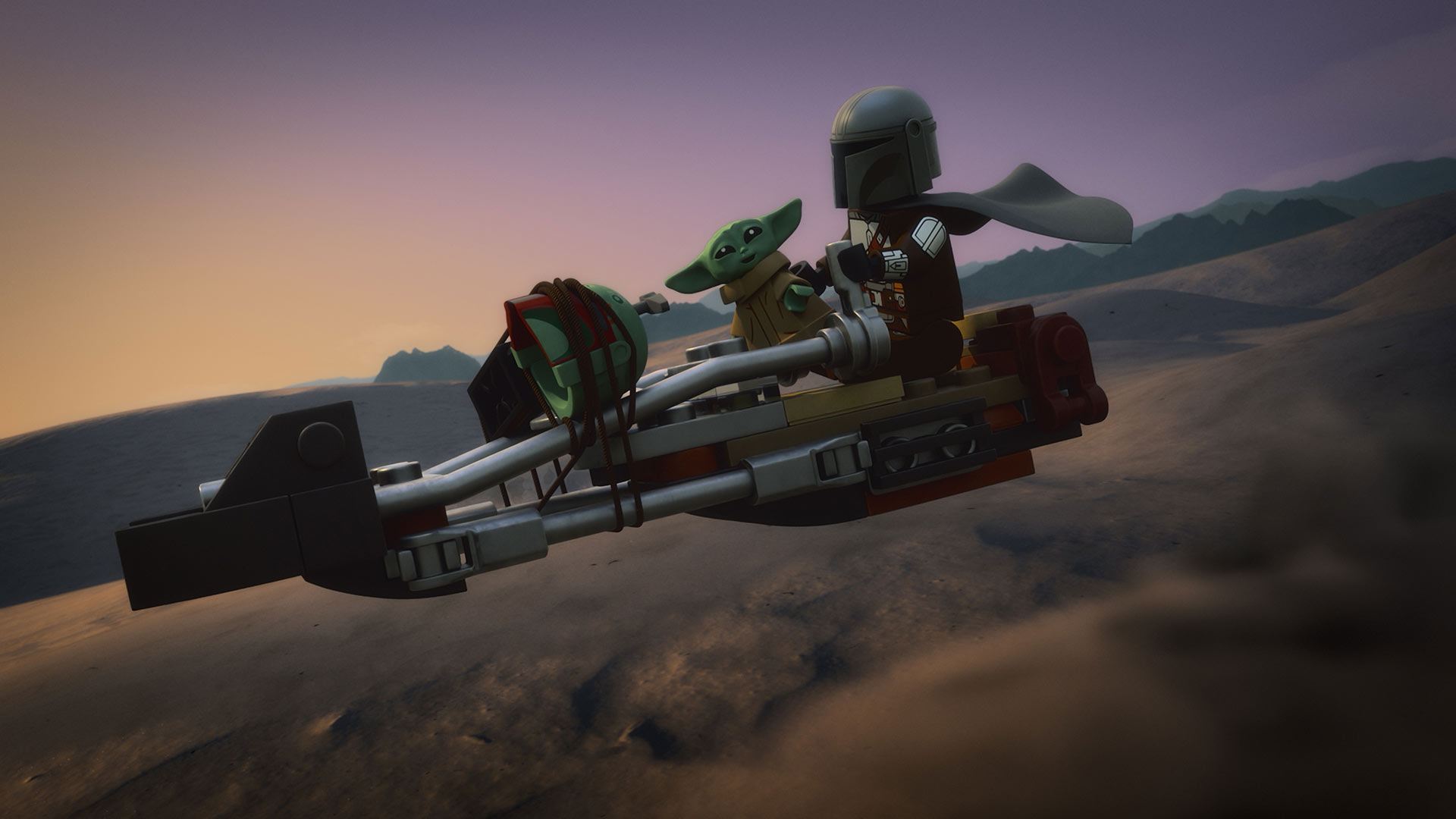 Grogu and the Mandalorian in LEGO Star Wars: The Mandalorian.