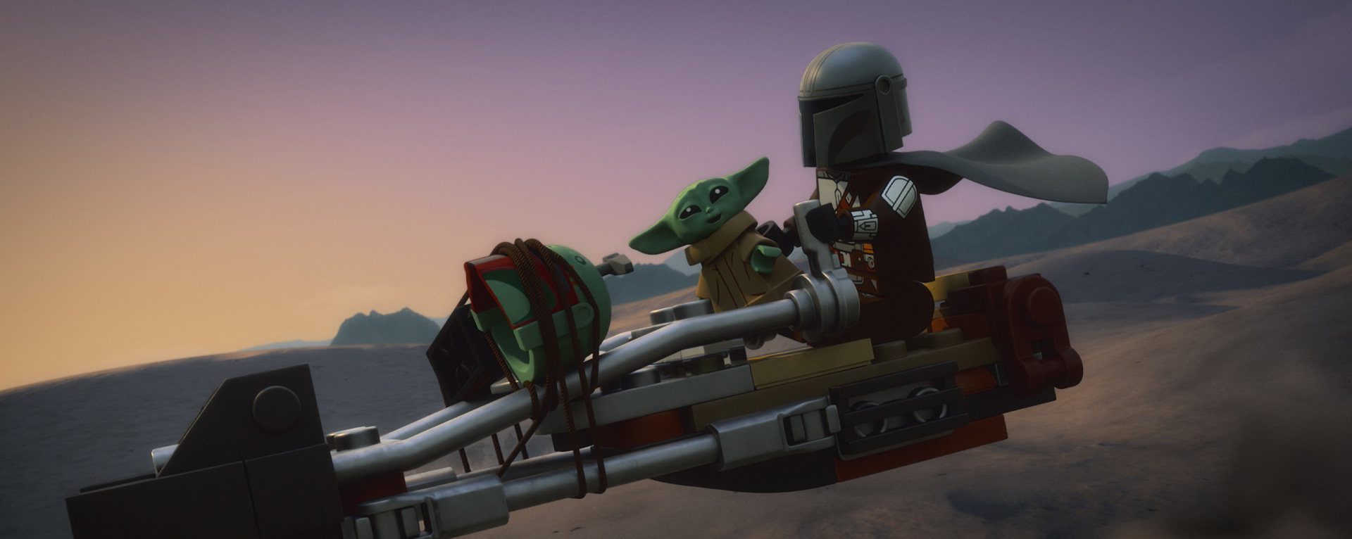 Grogu and the Mandalorian in LEGO Star Wars: The Mandalorian.
