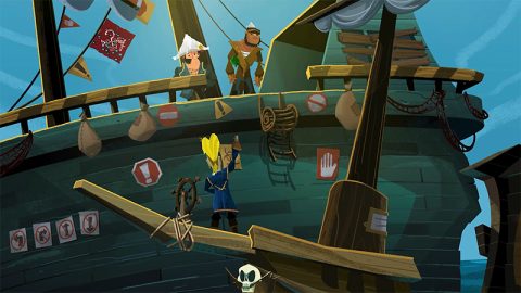 Guybrush helping fellow pirates