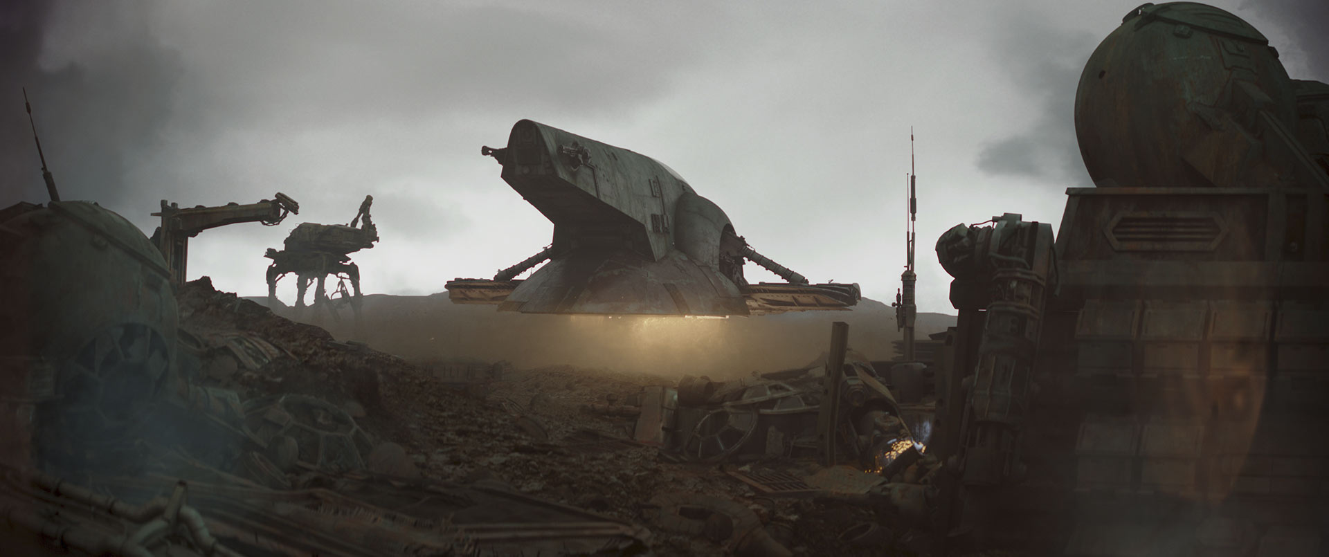 Boba Fett's starship takes off while a walker lifts fragments in the background.